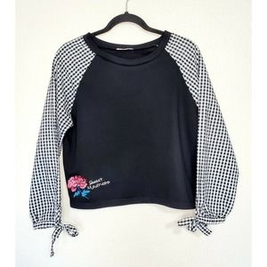 Bench Sweet Madness Gingham Raglan Sweatshirt Black White Floral Tie Cuff Sz M